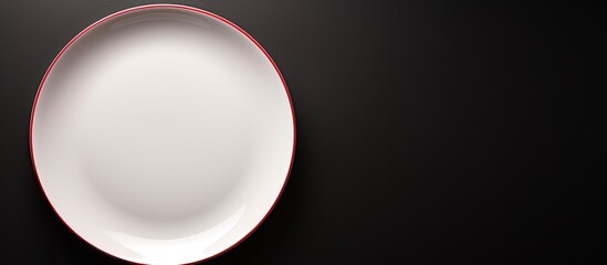 Top view of an empty white plate with a red bottom placed on a black background offering copy space for added content