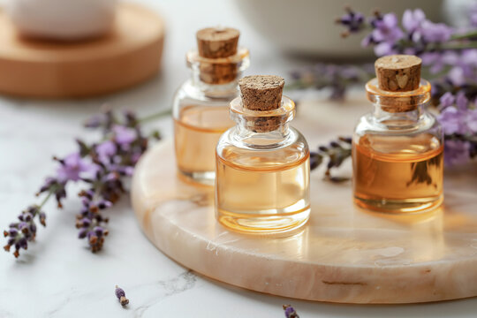 Spa aroma oils in bottles wtith lavender flowers 