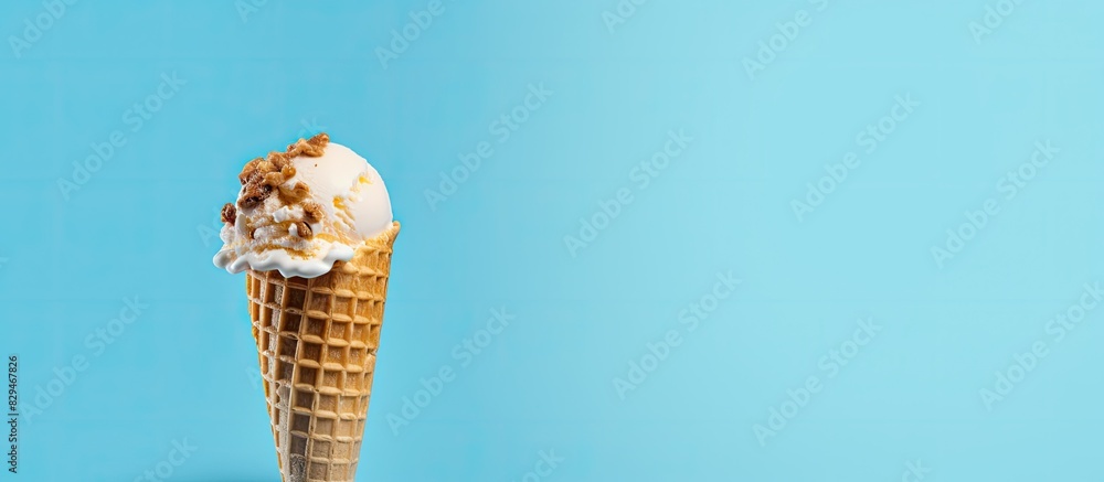 Poster blue background with copy space image of ice cream with a waffle