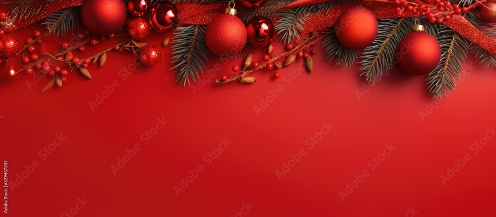Aufkleber top view of a festive christmas composition featuring red decorations and fir tree branches on a vib