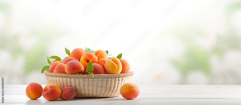 Poster a copy space image displaying a basket filled with vibrant apricots placed on a sleek white tile tab