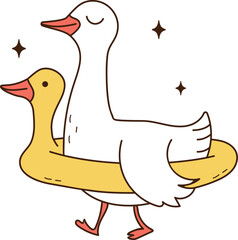 Cute Goose wearing rubber duck ring cartoon character hand drawn vector illustration 