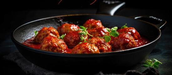 A copy space image of meatballs in a frying pan with a dark background served in a sweet and tangy tomato sauce infused with spices