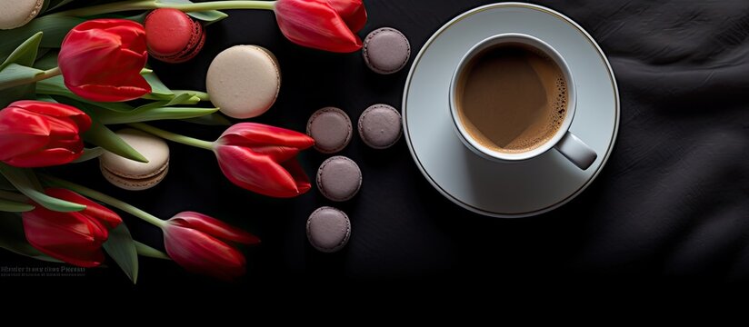 From a top down perspective a dark table showcases a delightful arrangement of red tulips macarons and a coffee cup leaving ample room for other elements in the frame - Powered by Adobe