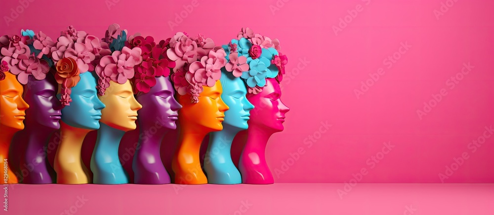 Poster a creative art design featuring colorful paper heads against a pink background showcasing a unique a