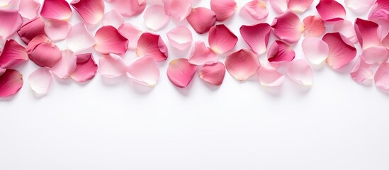 Fototapeta premium A white background with pink rose petals forms a Valentine s Day backdrop The image is flat lay with a top down view and copy space for text