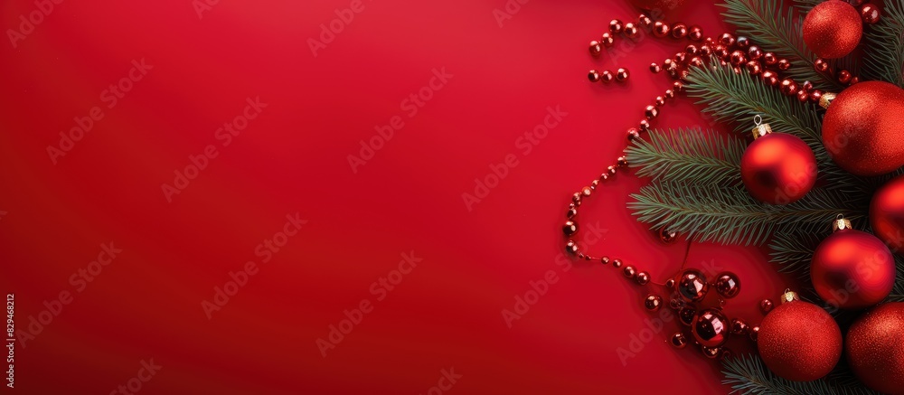 Aufkleber top view of a festive christmas composition featuring red decorations and fir tree branches on a vib