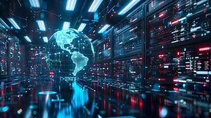 High-speed data transfer and cyber technology illustrated by an America-centric digital world globe in a global network hub