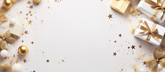 From an aerial perspective there is a festive Christmas frame adorned with dazzling gold decorations and lovely gifts creating an inviting copy space image