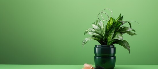 Aesthetic hair accessories and a potted plant on a vibrant green backdrop with ample copy space for an image