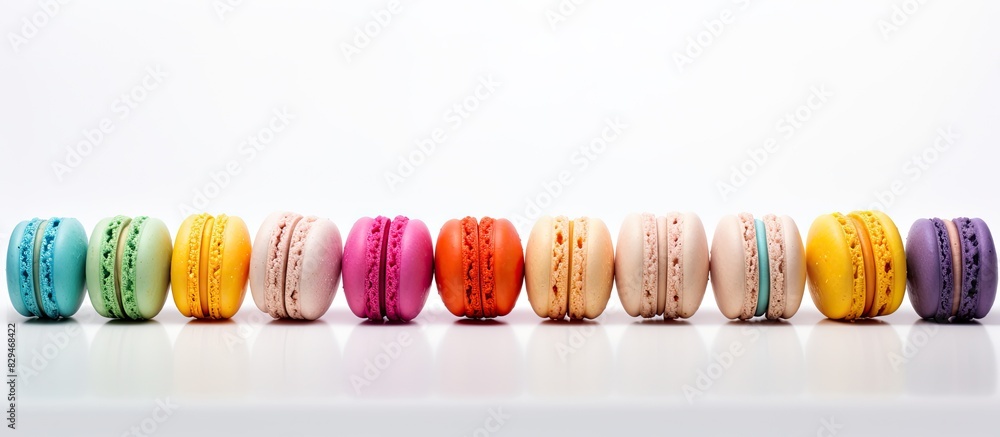 Poster a variety of colorful macaroons are arranged in a line on a white background providing ample space f