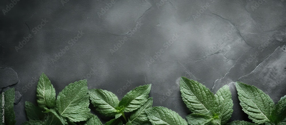 Poster a top down perspective of mint leaves placed on a stone table providing ample blank space for additi