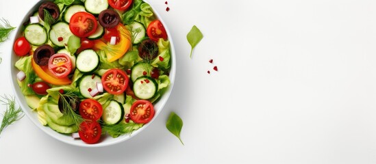 Top down view of a delicious salad arranged on a white tiled table containing leek tomatoes and cucumbers Ample copy space is available for text - Powered by Adobe