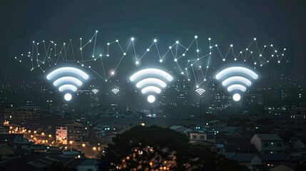 Glowing WiFi signals in digital landscape