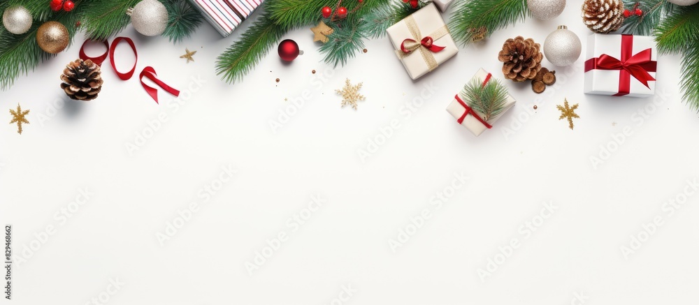 Poster a festive christmas scene with presents pine branches and toys arranged on a white background the fl