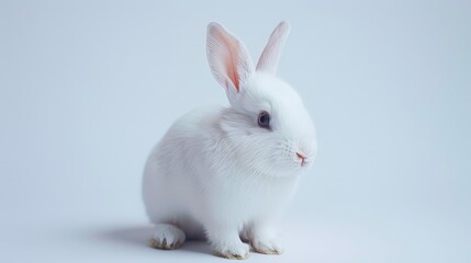 Obraz premium A white rabbit against a clean, white backdrop Its face subtly reflects on the rabbit's rear end