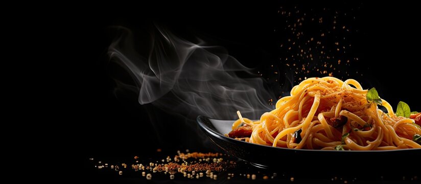 A fast cooking noodle in a copy space image set against a black background