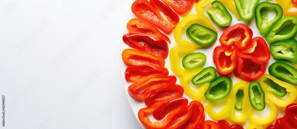 Poster Top view of a clear plastic tray on a white background showcasing colorful slices of red green and yellow bell peppers creating a vibrant copy space image