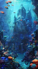 Illustrate an underwater city built within a vibrant coral reef, home to merfolk and other aquatic beings game art