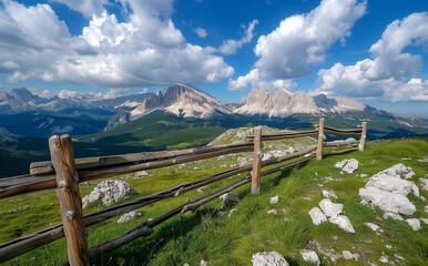 View from the top of P enrichon in the Dolomites with a wooden fence, during summer time, with a blue sky and clouds, of a mountainous landscape.