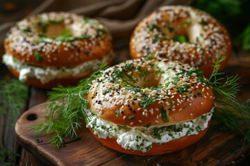 Freshly prepared vegan bagels, close-up, with a glossy top sprinkled with sesame seeds, on a linen cloth. . Beautiful simple AI generated image in 4K, unique. - Powered by Adobe