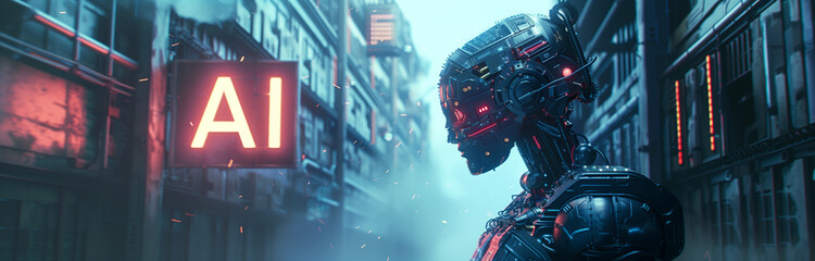 Futuristic AI Robot in Cyberpunk City with Neon Sign