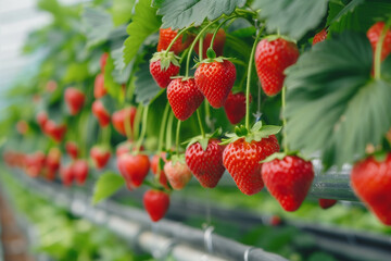 Strawberries growing in a greenhouse at a commercial farm with modern technology, full of strawberries hanging on white pipes and green leaves. Angular planters for a fruits business concept.
