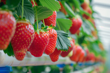 Strawberries growing in a greenhouse at a commercial farm with modern technology, full of strawberries hanging on white pipes and green leaves. Angular planters for a fruits business concept.