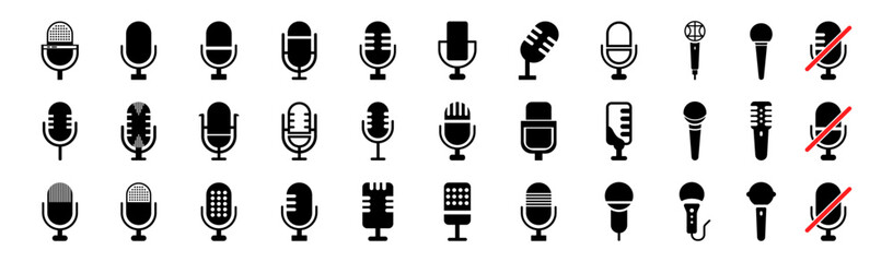 Microphone icon set. Different microphone collection. Podcast mike, journalist microphone, karaoke, conference.