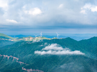 Fototapeta premium Aerial photography of wind farm on the mountain