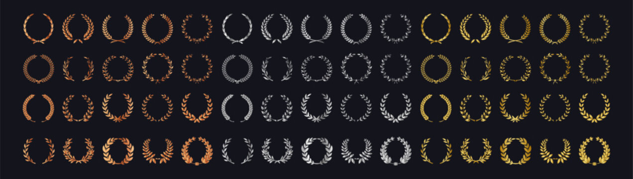 Set of gold, silver, bronze circular foliate laurels branches for awards. Vintage laurel wreaths collection. Laurel branches frames collection. Floral round frames of leaves