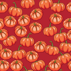 Seamless pattern with halloween pumpkins on color background. Scary and funny faces. Cute Pumpkin or ghost. Vector autumn holidays illustration