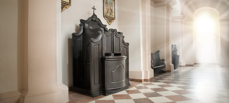 Berdichev, Ukraine. 2023. Cathedral of the Discalced Carmelites. Сonfessional cabinet