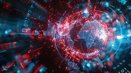 Obraz premium High-tech depiction of a global network hub with an America-centric digital globe, signifying rapid data transfer and connectivity