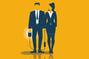  Businessman and businesswoman holding electric plug, symbolizing teamwork, collaboration, and partnership in achieving business solutions.