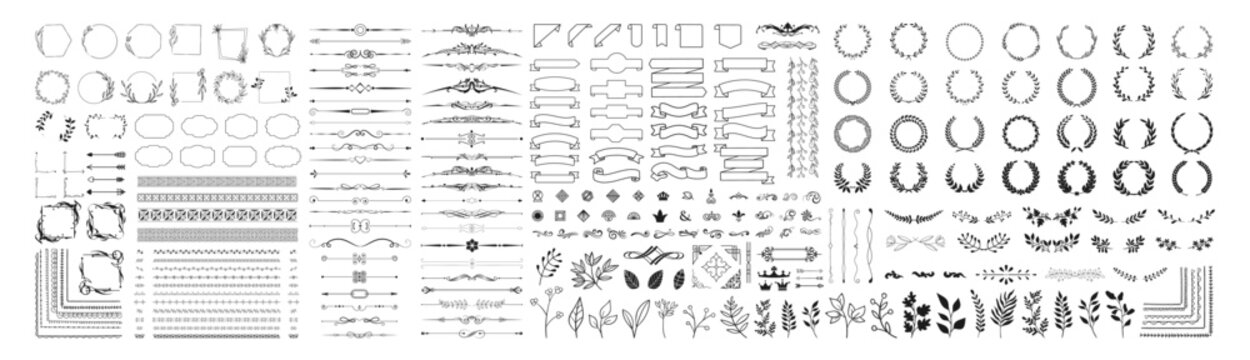 Set of design elements. Wreath, frames, calligraphic, swirls divider, laurel leaves, ornate, award, arrows. Vintage line decoration frames collection
