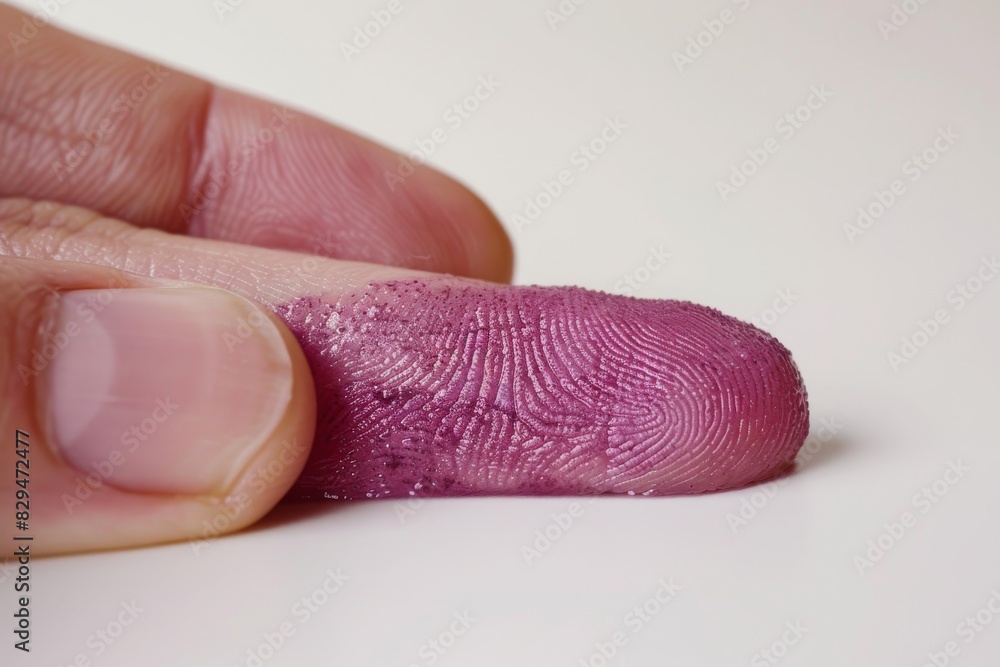 Poster close-up of a finger with a pink fingerprint, representing unique biometric data and secure identifi