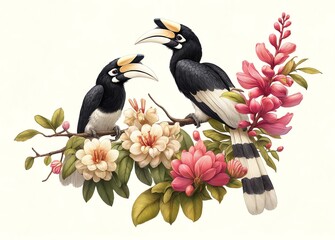 Naklejka premium Illustration of two Malabar pied hornbills with flowers