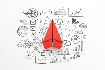Innovation and solution concept with Red paper plane and business strategy on white background