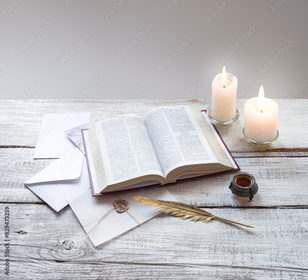 Poster bible on white wooden table - Posters