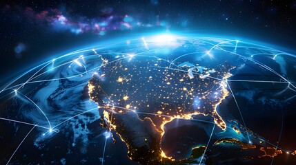 America-centric digital globe showcasing high-speed data transfer and cyber technology in a global network hub setting
