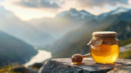 A jar of honey placed against the grandeur of mountain scenery	
