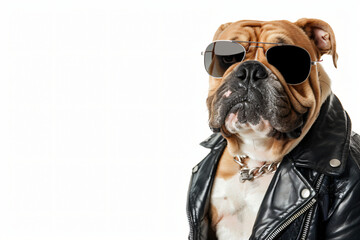 A dog wearing sunglasses and a leather jacket