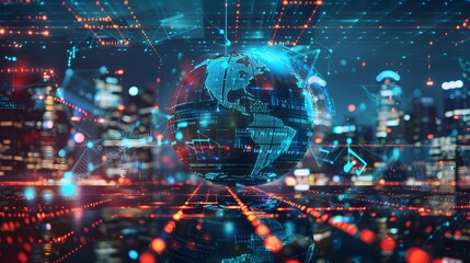 Futuristic global network hub with an America-centric digital world globe, representing rapid data transfer and advanced cyber technology