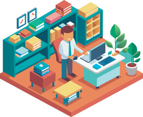 isometric view of people working in office flat vector illustration