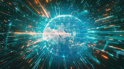 High-speed data transfer and international information exchange illustrated by an America-centric digital world globe in a global network hub