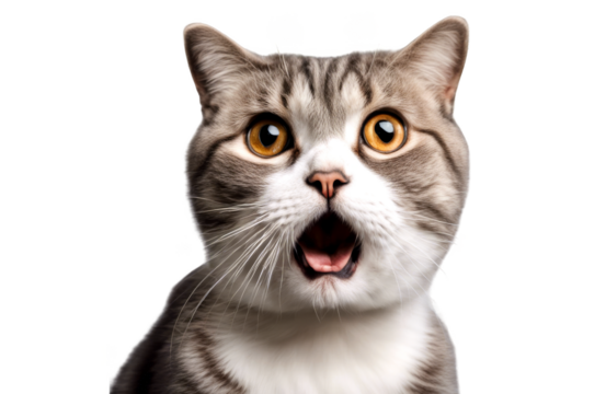 Close up of a surprised grey cat isolate on transparent background, cutout, png