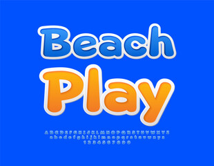 Vector funny emblem Beach Play. Cute Blue Font. Childish style set of Alphabet Letters and Numbers