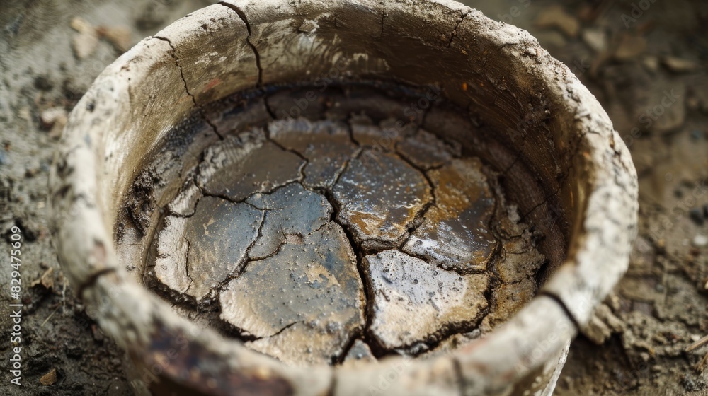 Poster a mud pot showing signs of drying out with deep cracks and dark hardened mud surrounding the bubblin