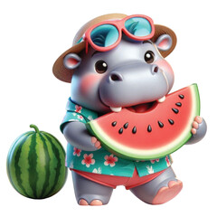 Naklejka premium Cute hippo wearing Hawaiian outfit eating watermelon
